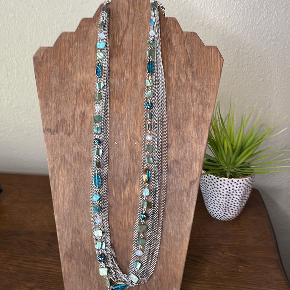 Beach-y Blue Green Bead Assortment with Silver-toned Thin Chains Long Necklace